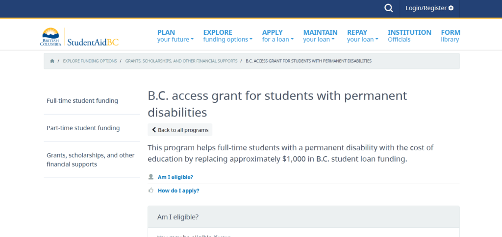 British Colombia’s access grant for students with permanent disabilities