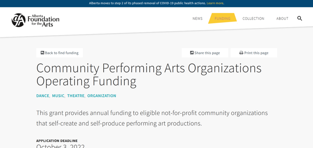  Community Performing Arts Organizations Operating Funding Alberta Foundation for the Arts (AFA)