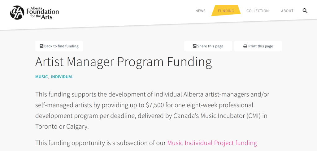 Artist Manager Program Funding